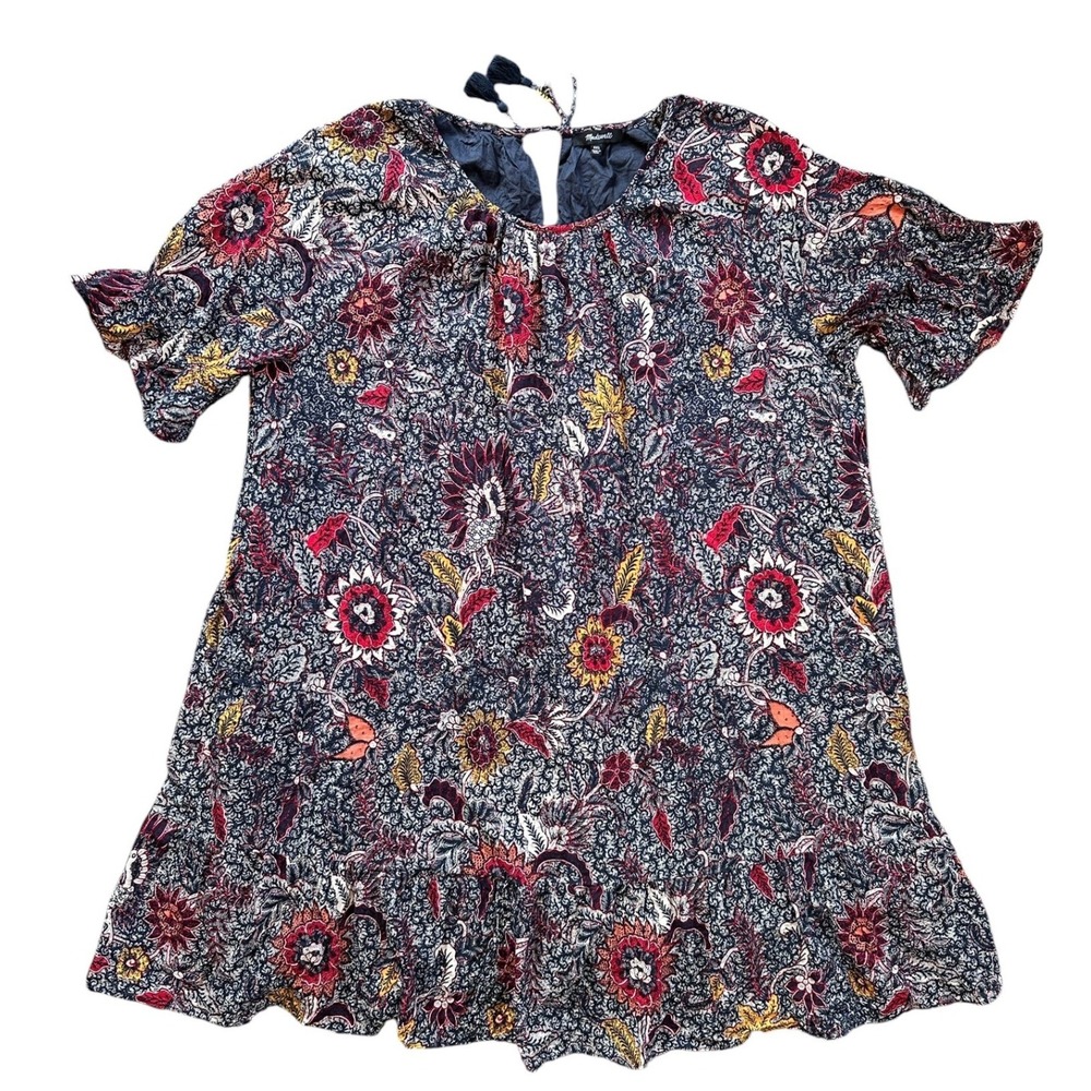 Madewell Floral Batik Swing Dress Women XXL Navy Red Excellent Ruffle Tassel